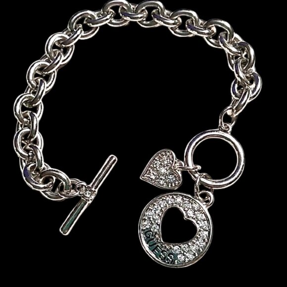 GUESS Silver-tone Heart Charm Toggle Bracelet - Crystal Pavé Charms Link Chain - Picture 2 of 13